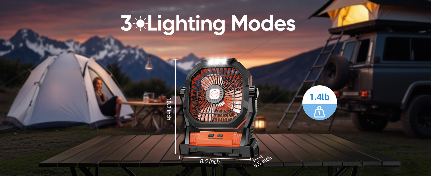 Rechargeable Camping Fan with LED Light & Hook - 20000mAh Battery, 4-Speed, 270° Adjustable
