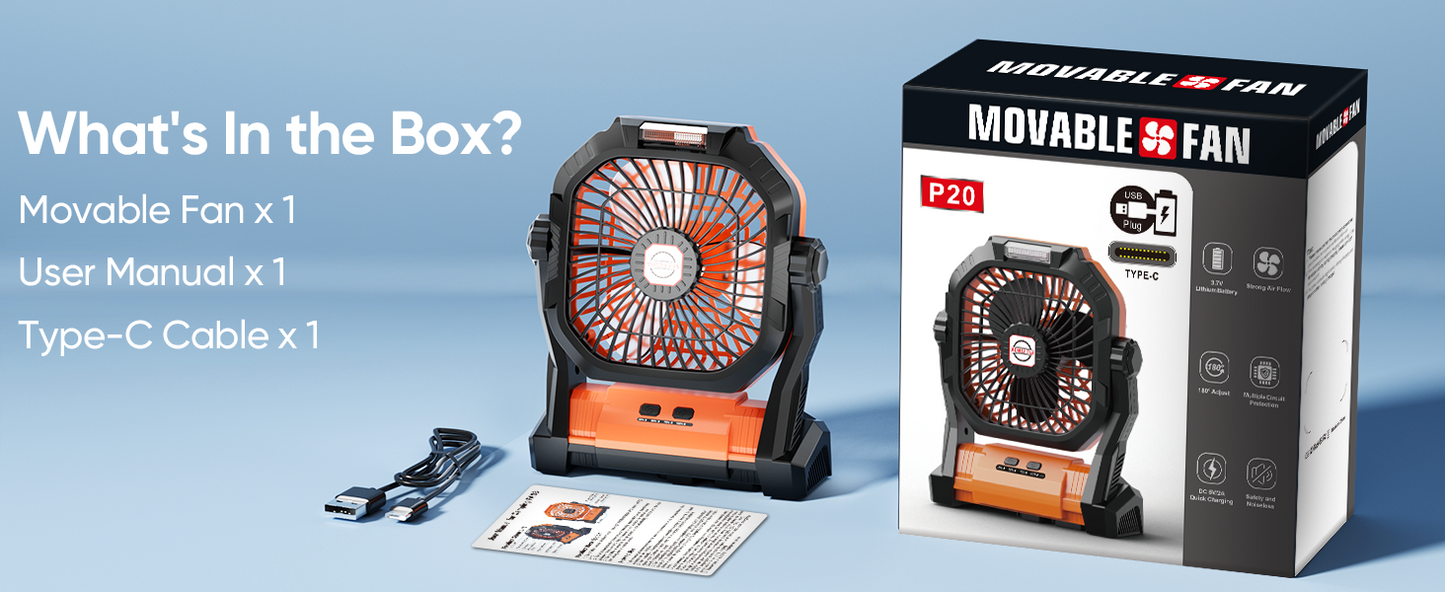Rechargeable Camping Fan with LED Light & Hook - 20000mAh Battery, 4-Speed, 270° Adjustable