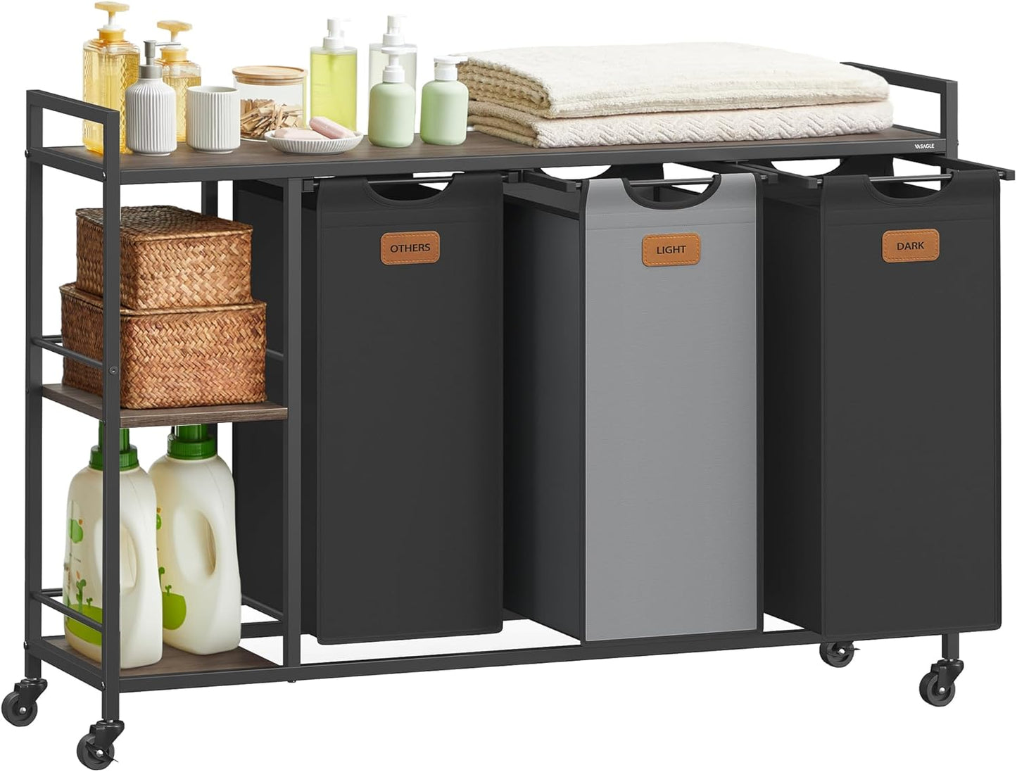 Laundry Hamper and Sorter: Rolling Cart with Shelves and Liners