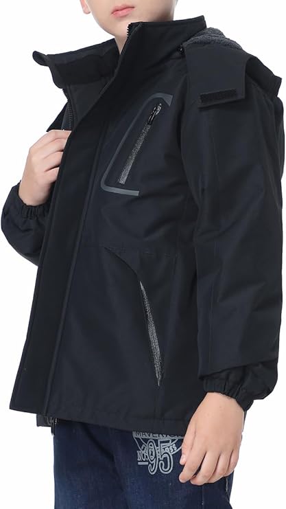 Kids’ Waterproof Ski Jacket (Black) – Fleece-Lined Winter Coat with Detachable Hood