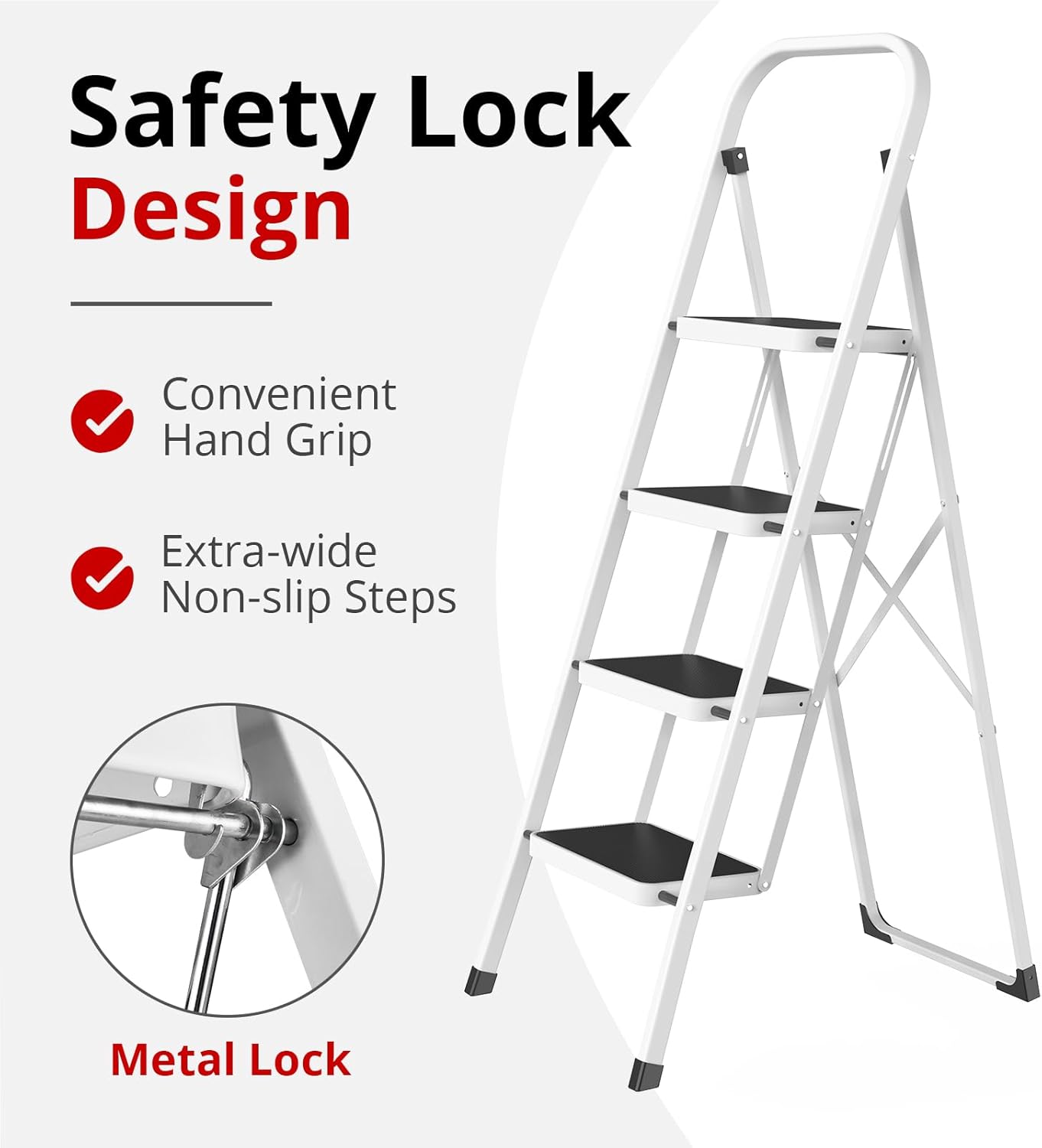 Folding Step Ladder Stool for Adults - Anti-Slip Pedal, 330 lbs Capacity, White - Ideal for Kitchen & Home