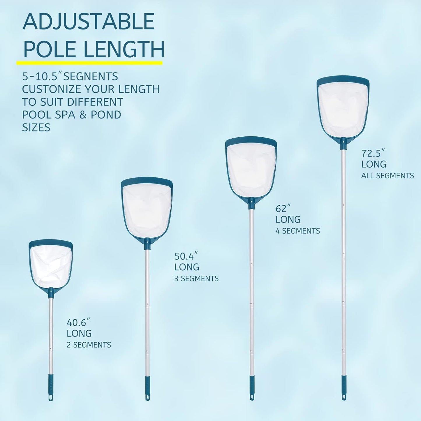 Telescopic Leaf Skimmer with Adjustable Aluminum Pole and Fine Nylon Mesh for Pools and Spas