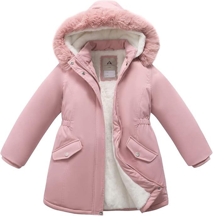 Girls’ Waterproof Winter Long Coat – Warm Hooded Puffer Parka (Pink, Size 7–8)