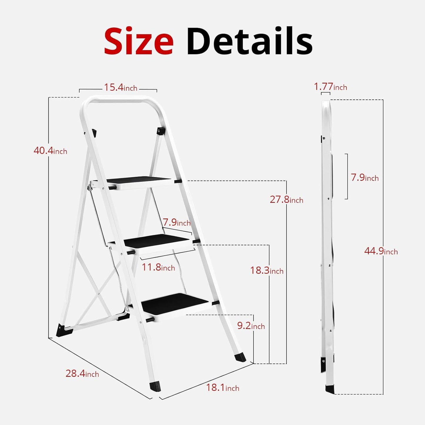 Folding Step Ladder Stool for Adults - Anti-Slip Pedal, 330 lbs Capacity, White - Ideal for Kitchen & Home
