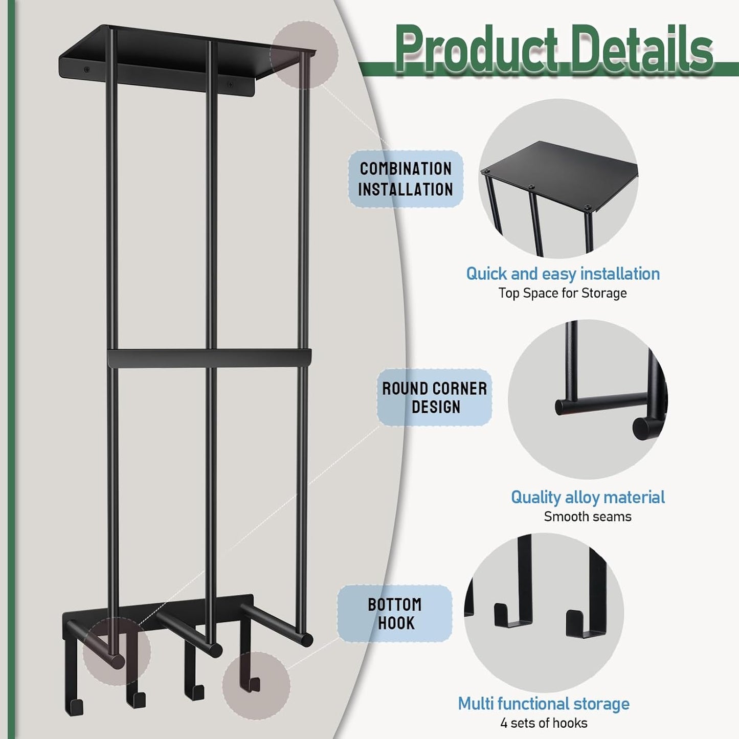 Camping Chair Wall Rack – Metal Wall-Mounted Storage for Beach Chairs & Umbrellas with Shelf & 4 Hooks – Black