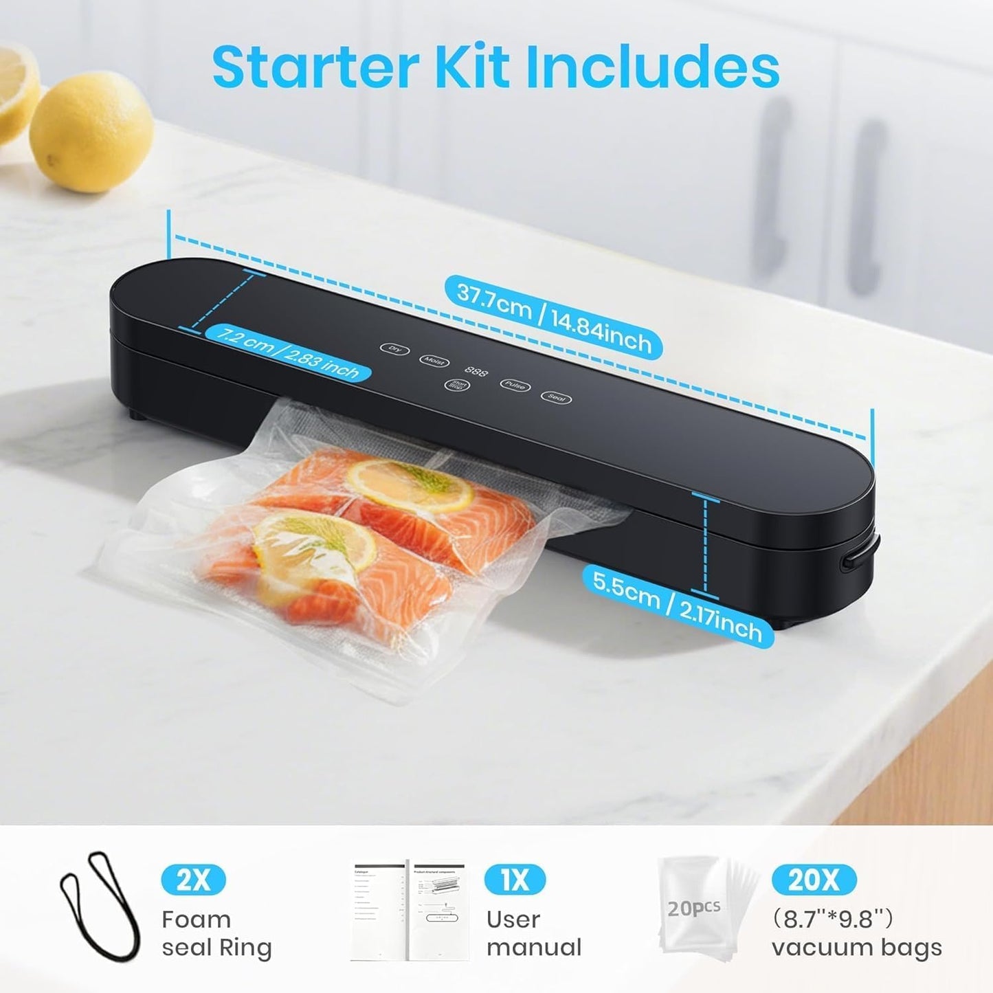 Food Vacuum Sealer Machine, 75kPa Compact Vacuum Sealer for Food, 4-in-1 Food Sealer with Digital Timer, Moist/Dry, Pulse, Seal Modes, Includes 20 Vacuum Bags, Perfect for Freezer Storage, Black