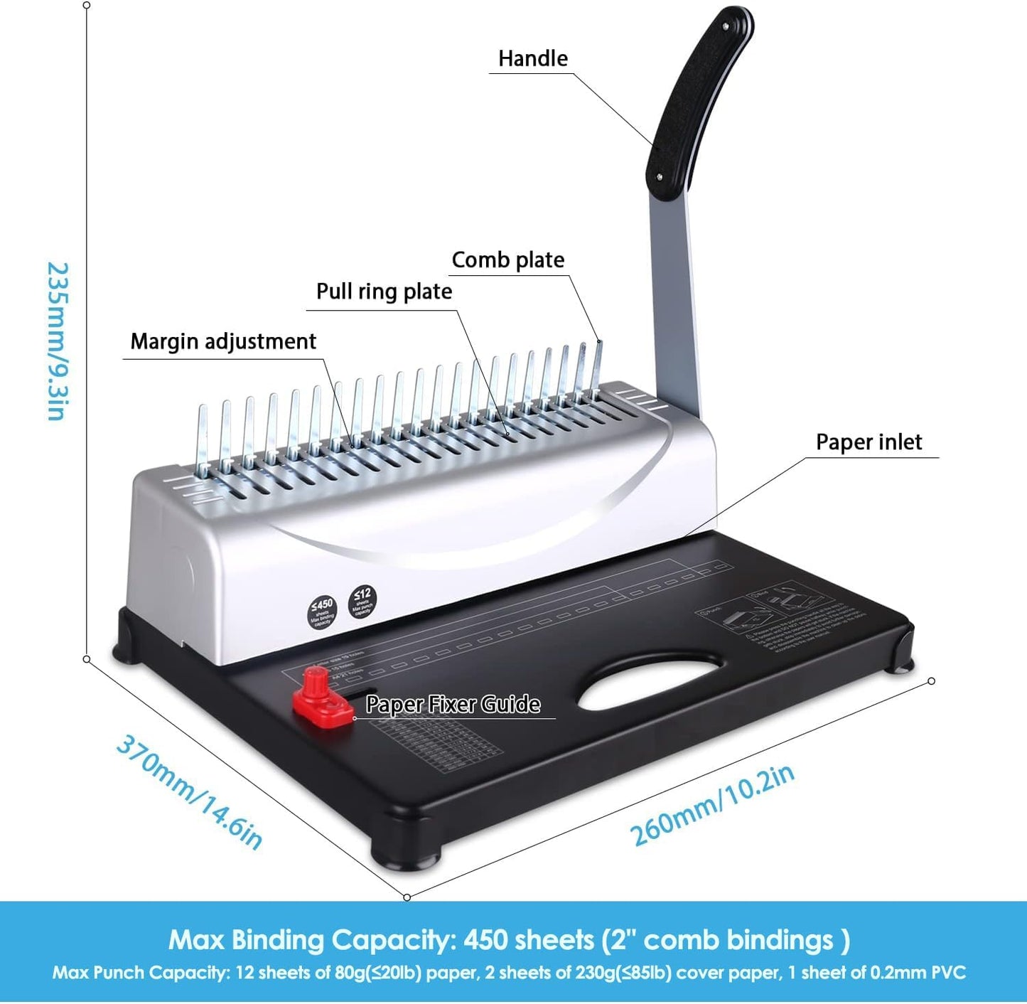 Binding Machine, 21-Hole, 450 Sheets with Comb Bindings, for Letter Size, A4, A5 Paper