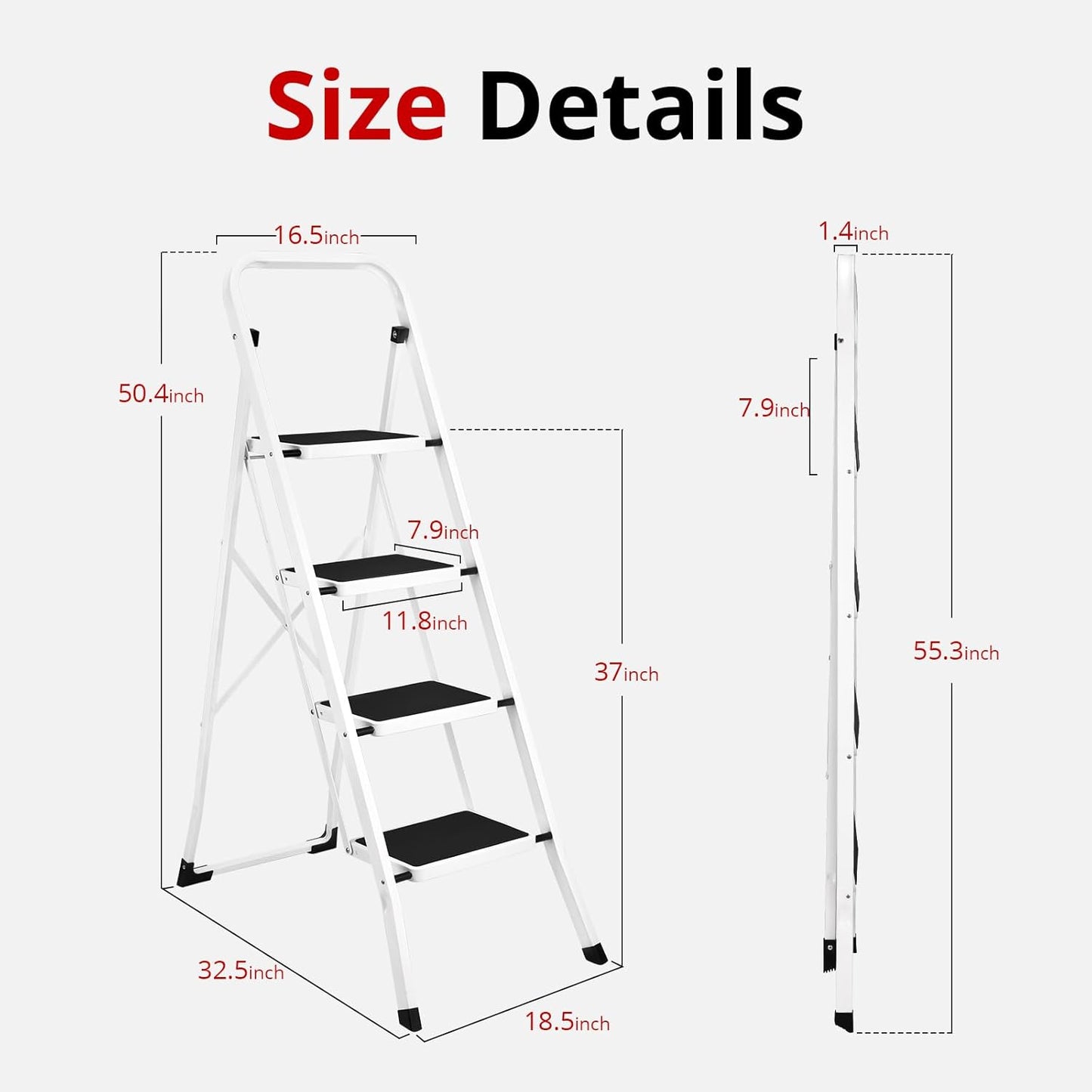 Folding Step Ladder Stool for Adults - Anti-Slip Pedal, 330 lbs Capacity, White - Ideal for Kitchen & Home
