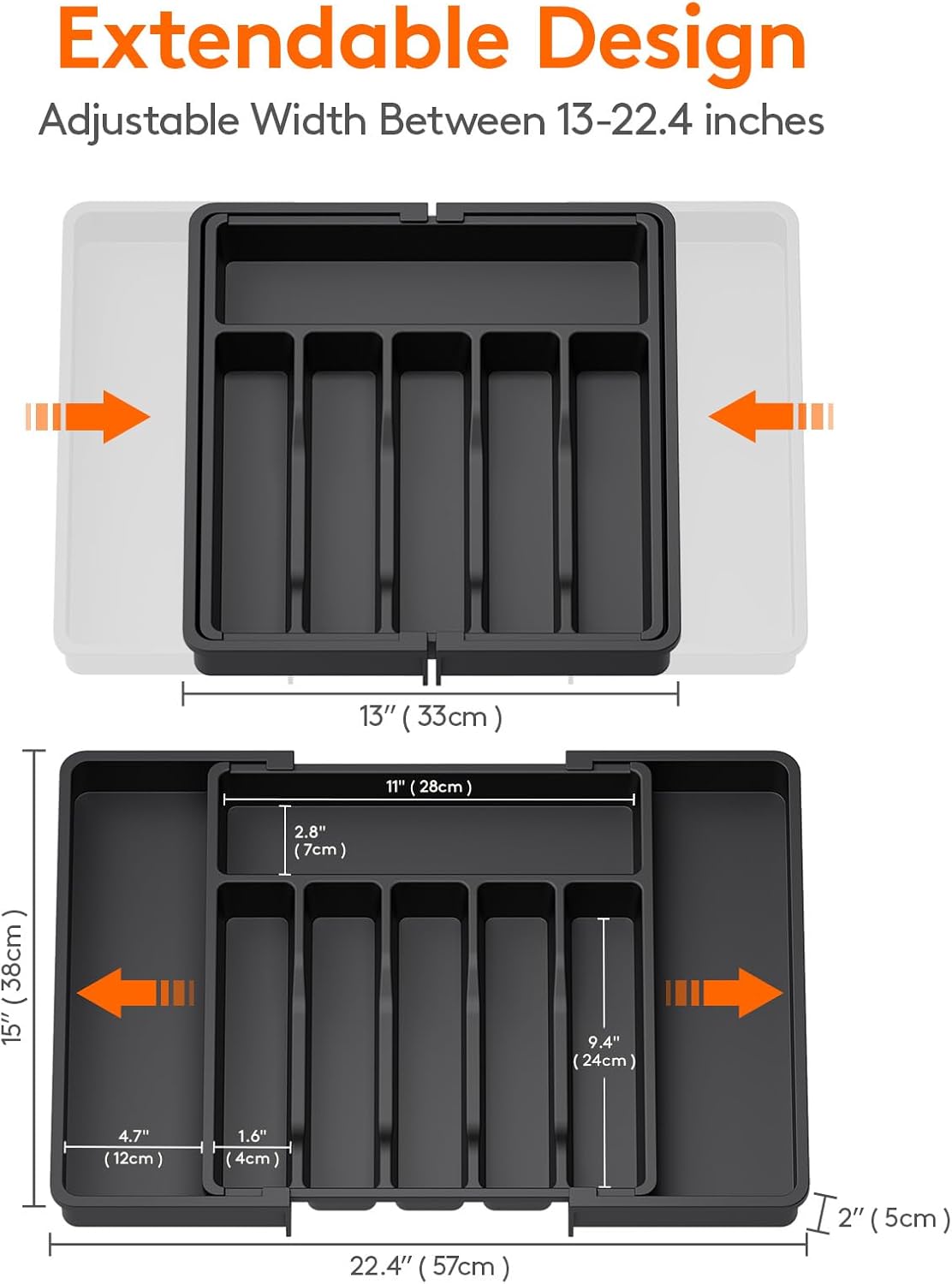 Expandable Silverware Drawer Organizer – BPA-Free Utensil Tray for Kitchen, Adjustable Storage for Spoons, Forks, and Knives, Large, Black