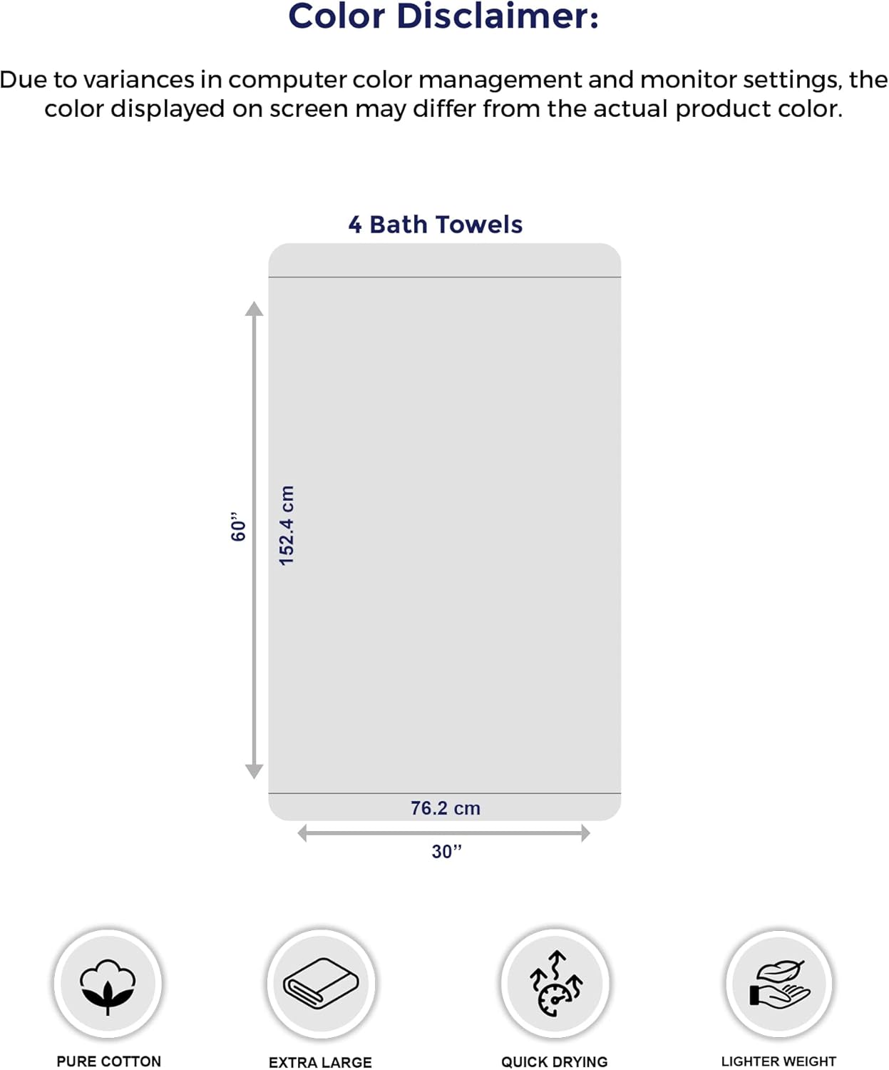 Extra Large 100% Cotton Bath Towels – Lightweight, Quick-Drying & Absorbent (4-Pack)