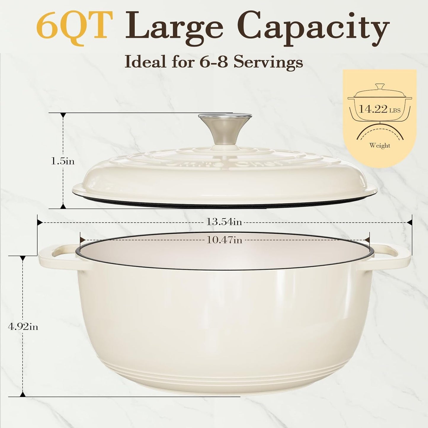 6QT Enameled Cast Iron Dutch Oven – Heavy-Duty Pot with Lid (Cream White)
