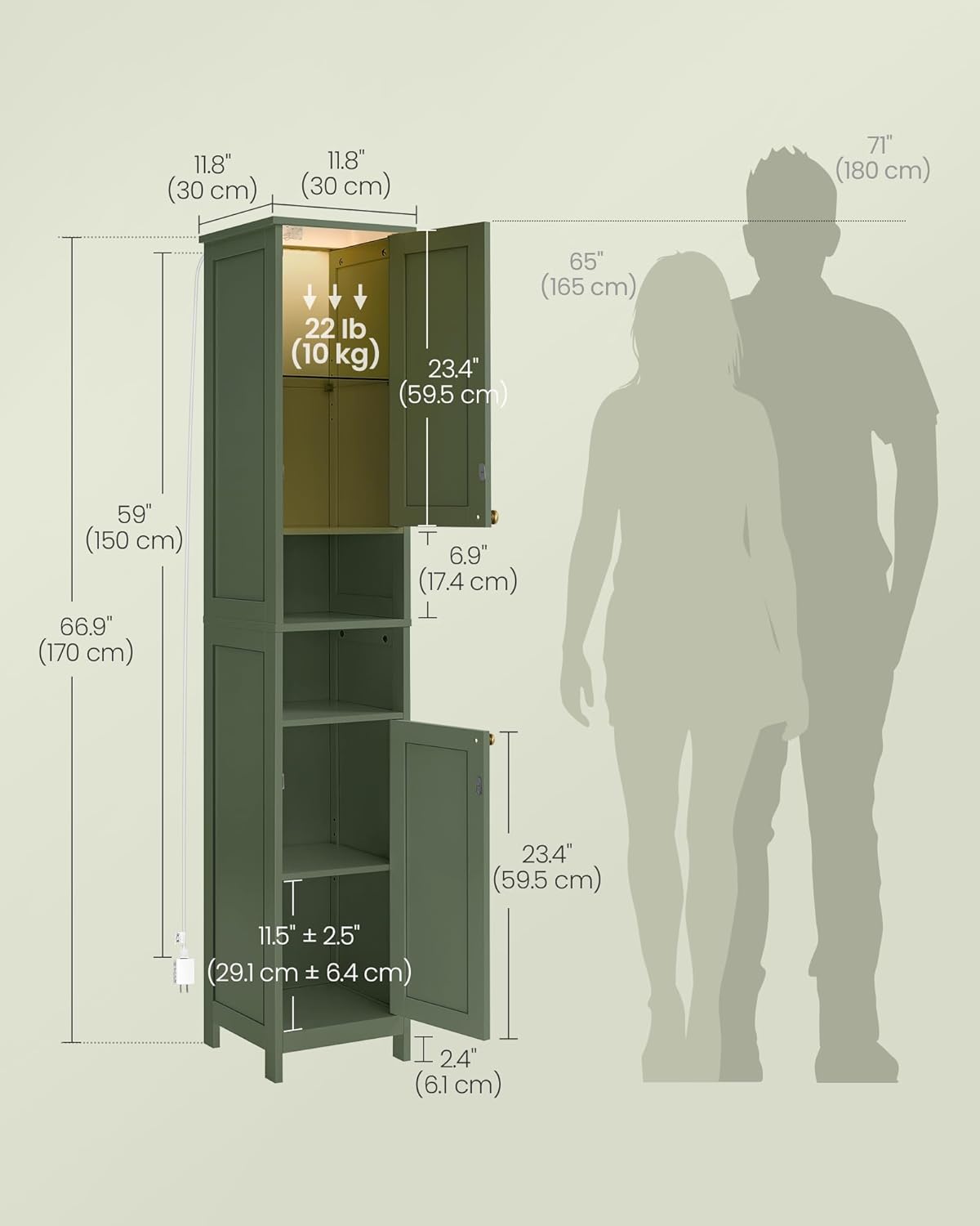 Slim Forest Green Bathroom Cabinet with Lights and Adjustable Shelves
