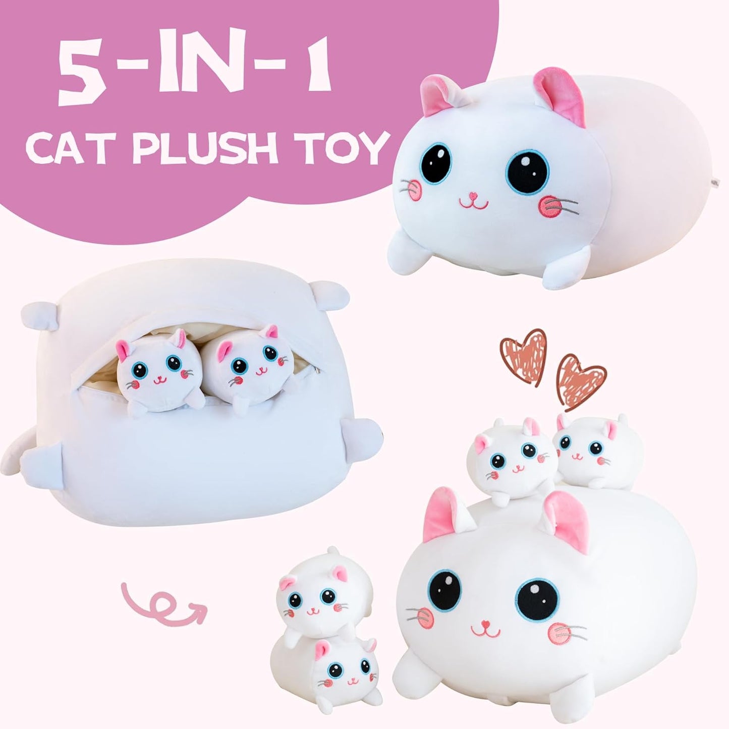 16" Cat Plush Toy Set – Jumbo Stuffed Animal with 4 Kitties for Kids and Loved Ones
