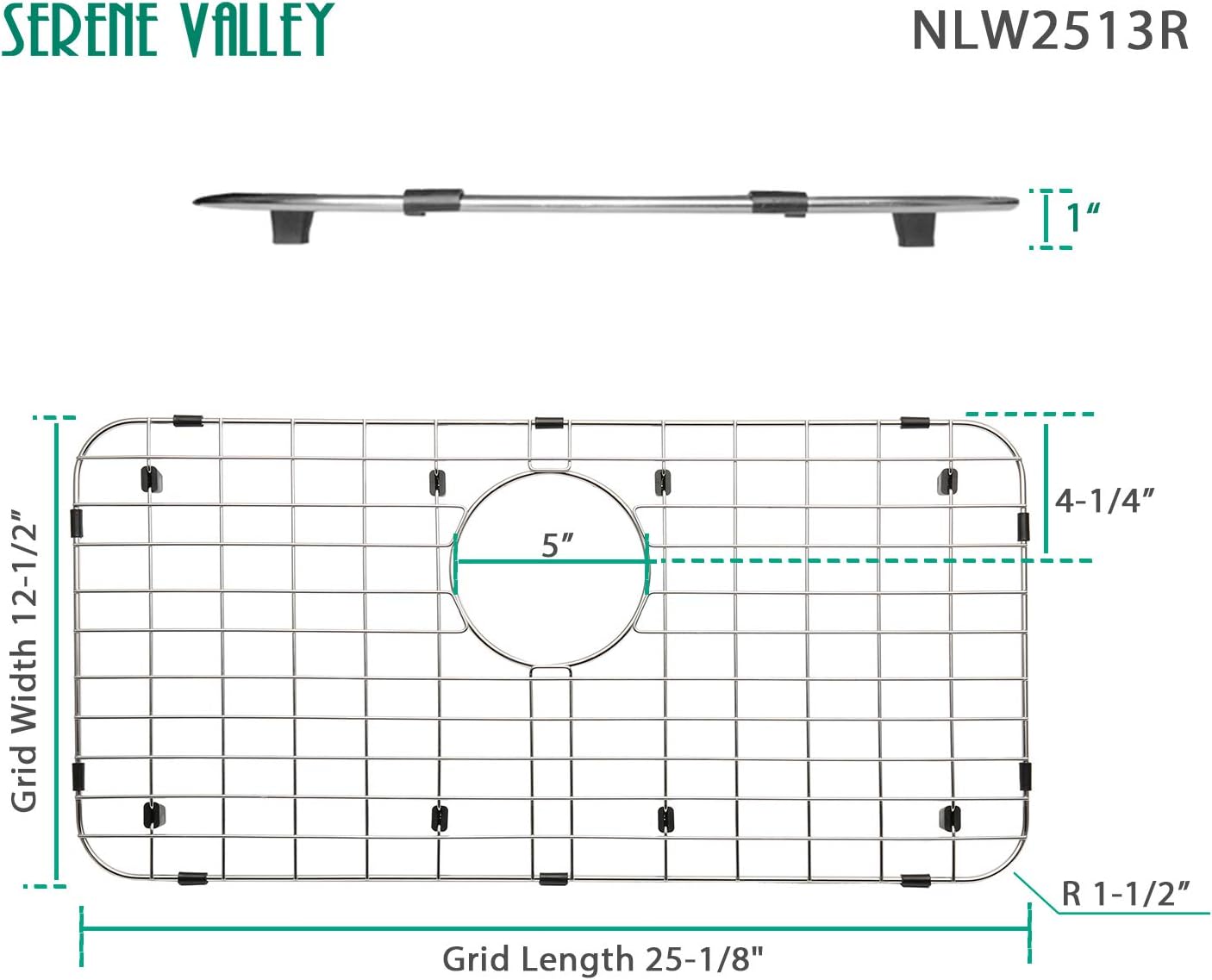 25-1/4" x 12-1/2" Sink Grid with Rear Drain and 1-1/2" Corner Radius