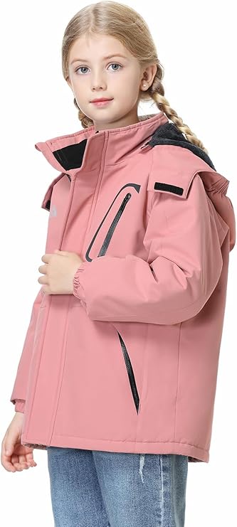 Kids’ Waterproof Ski Jacket – Pink Winter Coat with Fleece Lining & Detachable Hood