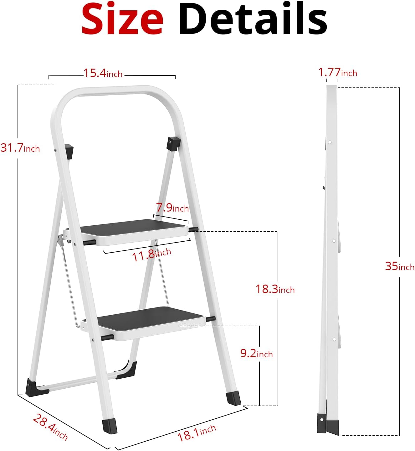 Folding Step Ladder Stool for Adults - Anti-Slip Pedal, 330 lbs Capacity, White - Ideal for Kitchen & Home