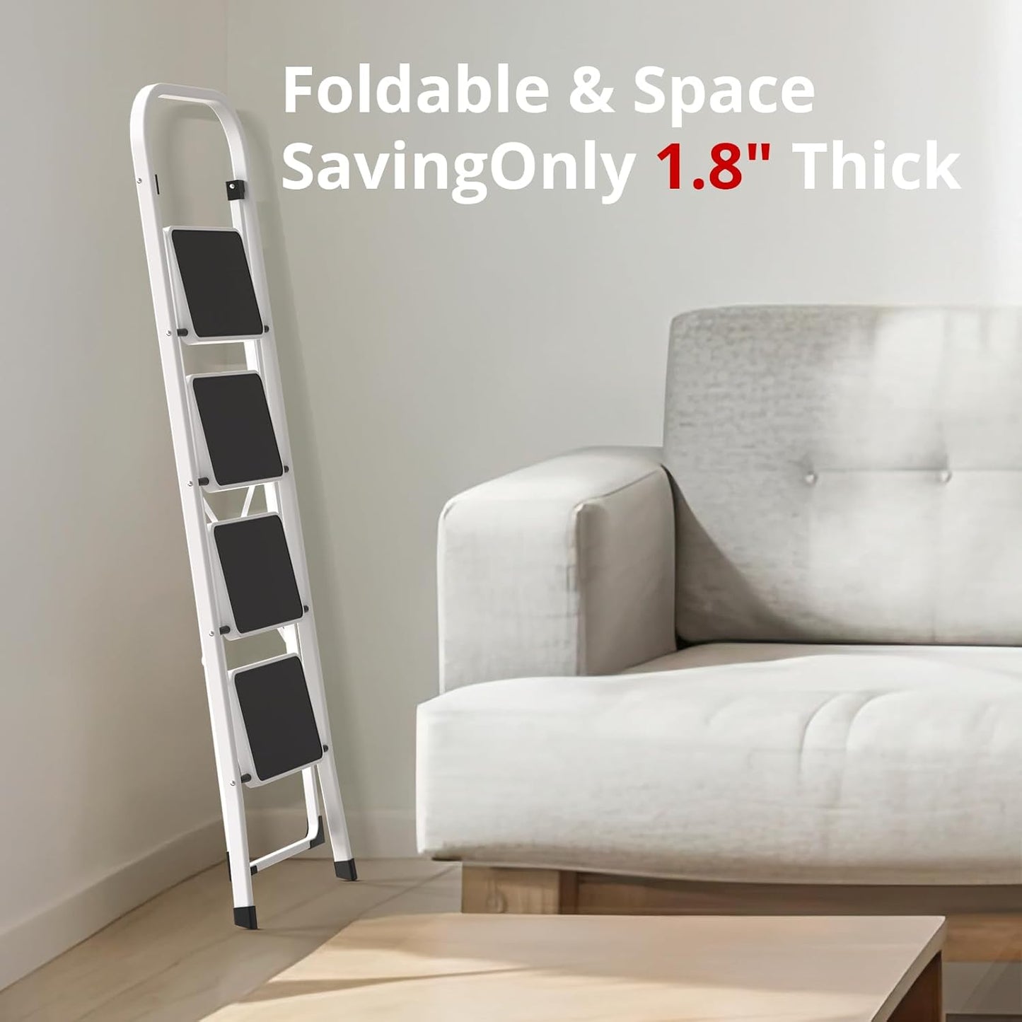 Folding Step Ladder Stool for Adults - Anti-Slip Pedal, 330 lbs Capacity, White - Ideal for Kitchen & Home