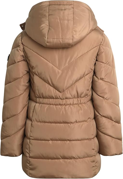 Girls’ Winter Jacket – Heavyweight Long Anorak Puffer Coat with Hood, Sherpa-Lined & Insulated (Toffee Beige, Size 4)