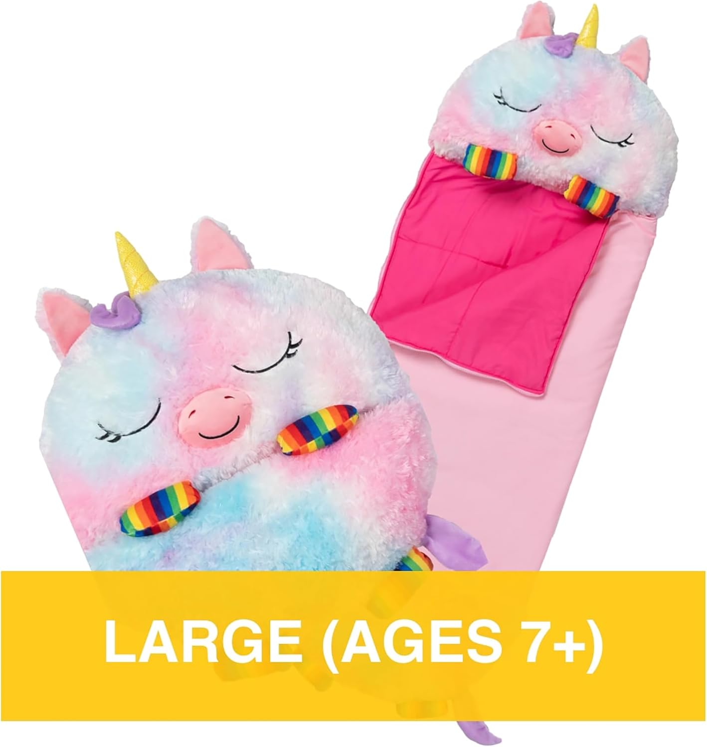 2-in-1 Pillow & Sleepy Sack – Large Rainbow Unicorn (66 x 30), Plush Animal That Opens Into a Soft Sleeping Bag