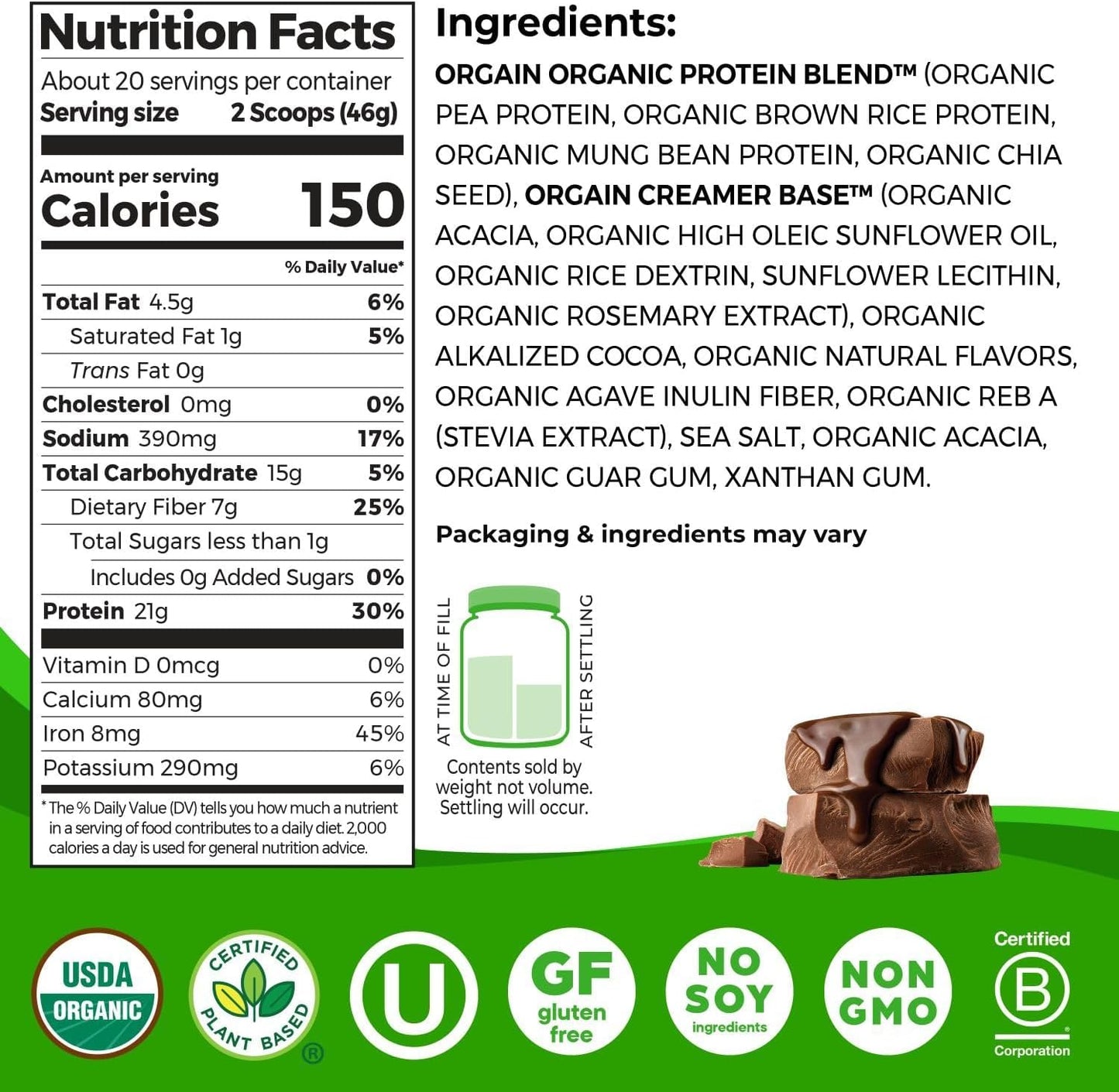 Orgain Organic Vegan Protein Powder – Creamy Chocolate Fudge, 21g Plant Protein – 2.03 lb