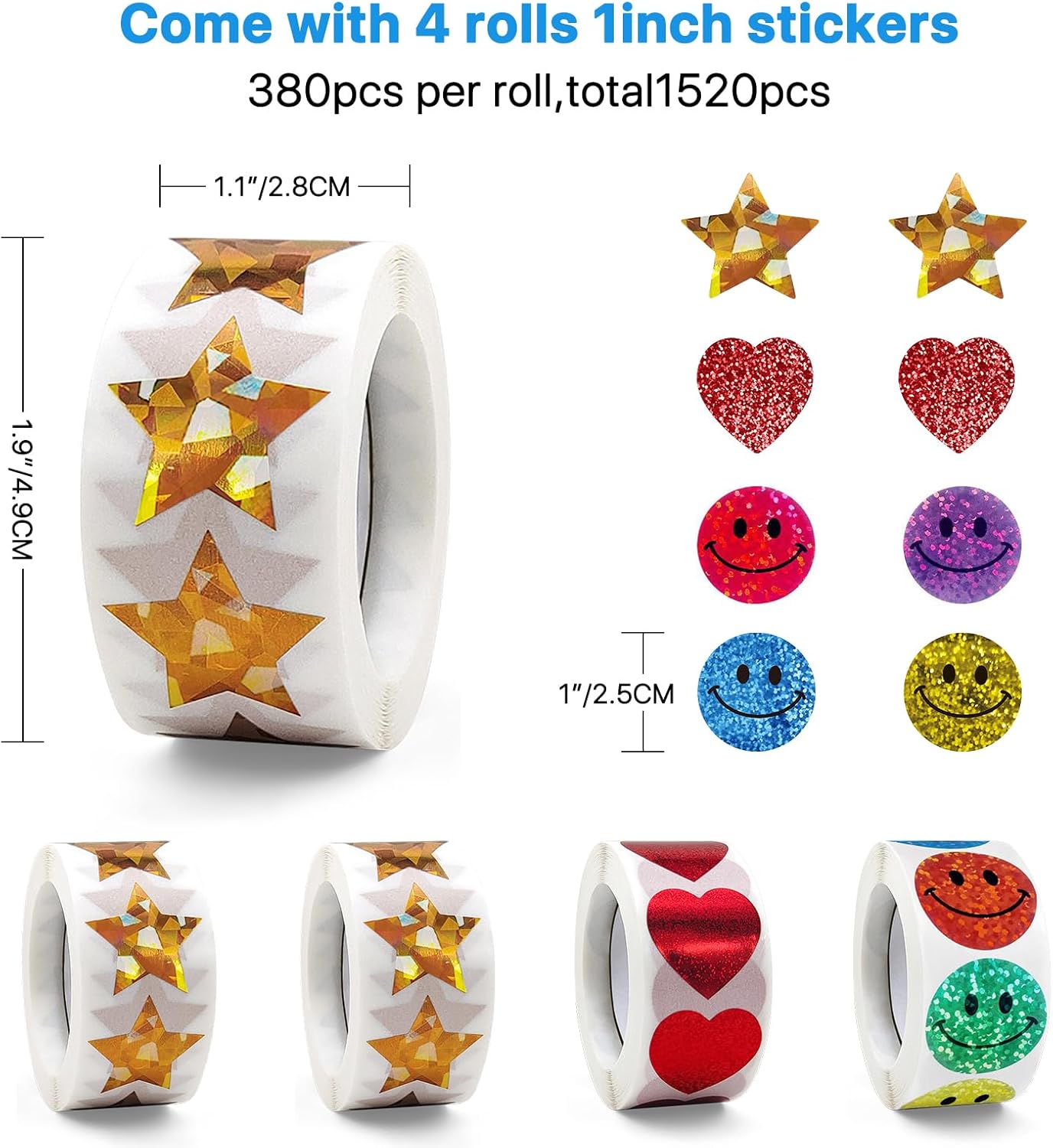1520-Piece Manual Sticker Dispenser: 1-Inch Holographic Gold Stars, Red Hearts, and Smiley Faces for Kids' Rewards