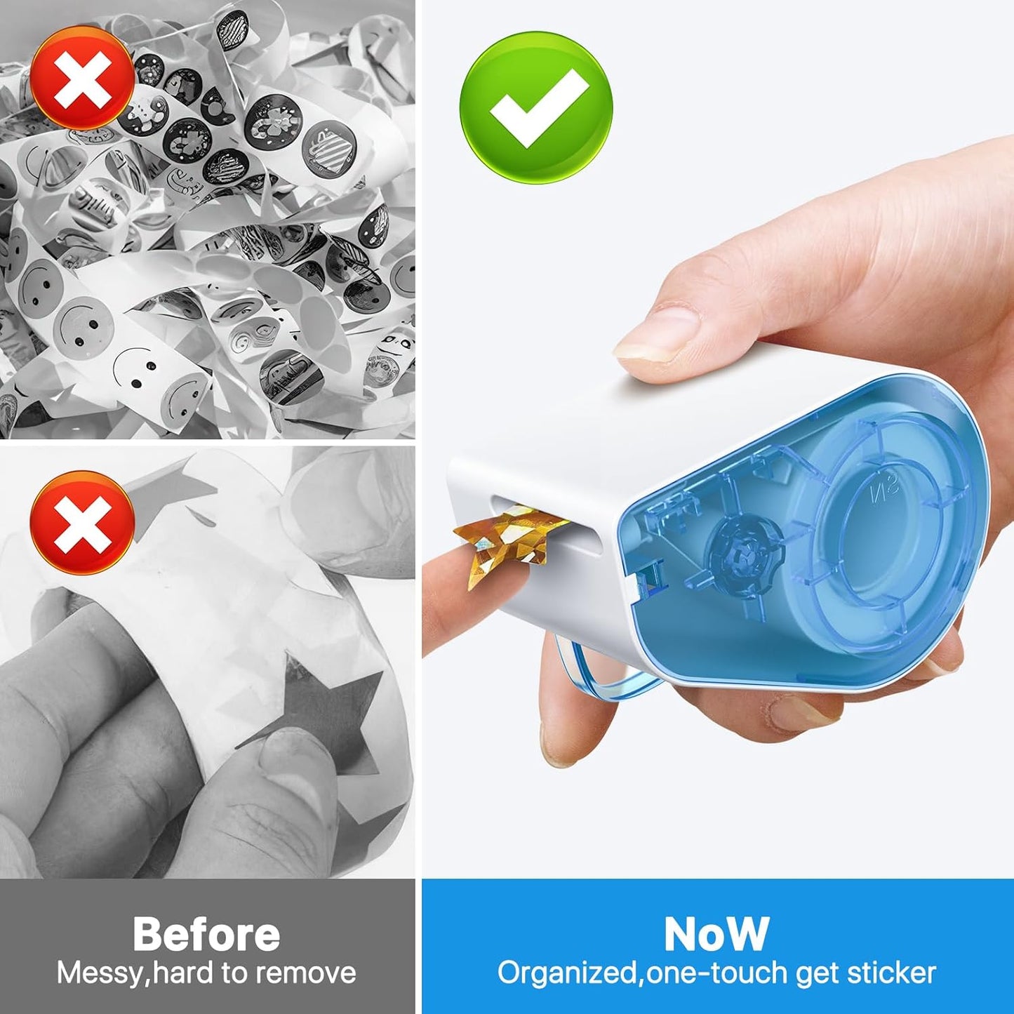 1520-Piece Manual Sticker Dispenser: 1-Inch Holographic Gold Stars, Red Hearts, and Smiley Faces for Kids' Rewards