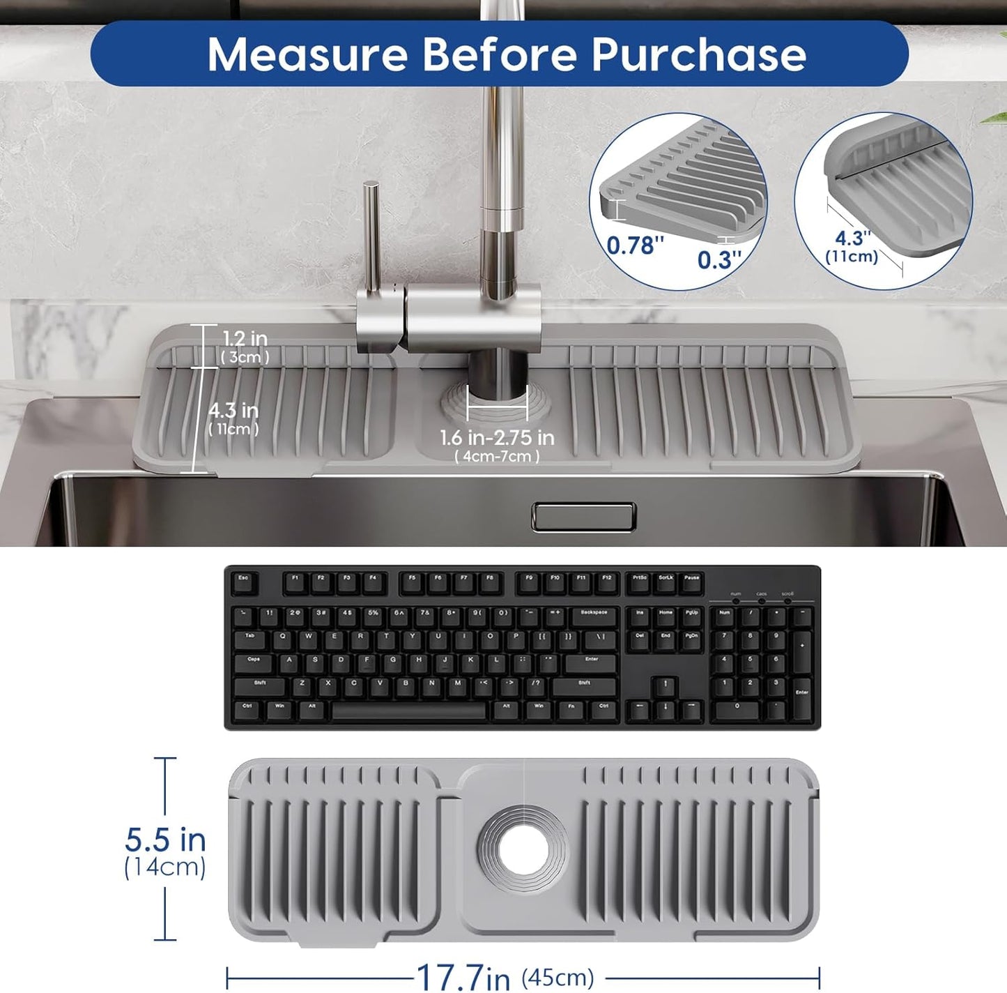 24-Inch Silicone Faucet Mat: Kitchen Sink Splash Guard with 7° Slope for Effective Water Drainage