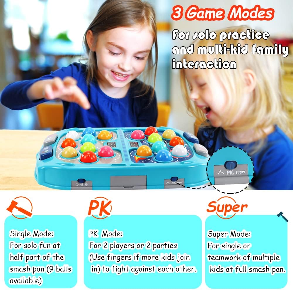 Whack Mole Game for Toddlers Interactive Educational Toys with Sound and Light, PK Mode with 2 Hammers