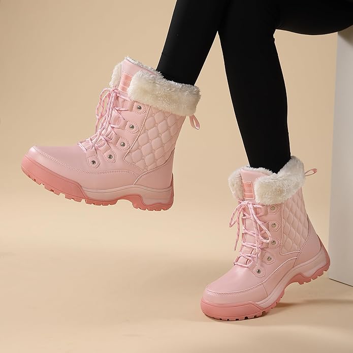 Women’s Non-Slip Insulated Snow Boots – Faux Fur Lace-Up Winter Shoes (Pink, Size 7)