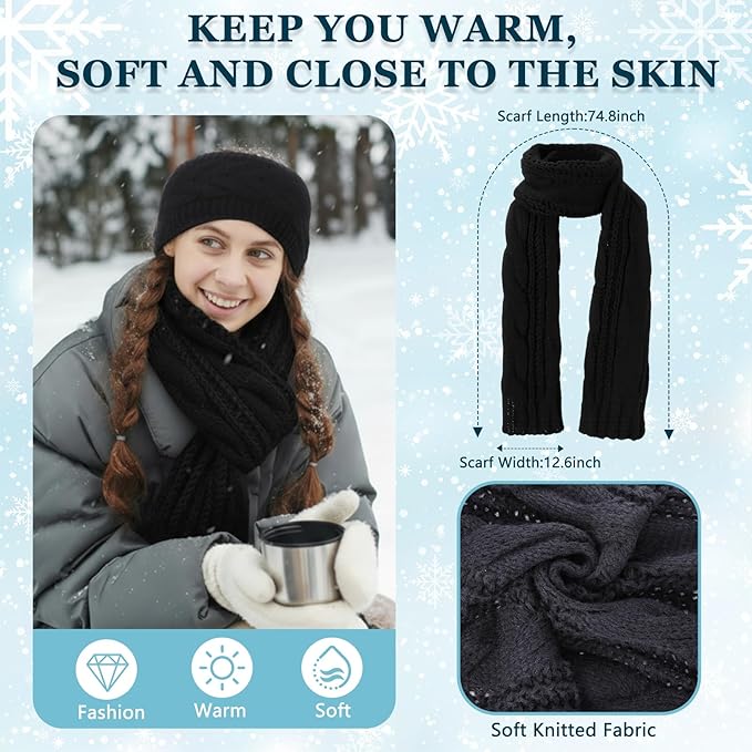 Women’s Cable Knit Scarf & Ear Warmer Headband Set – Fleece-Lined Winter Accessories (Black/Khaki)