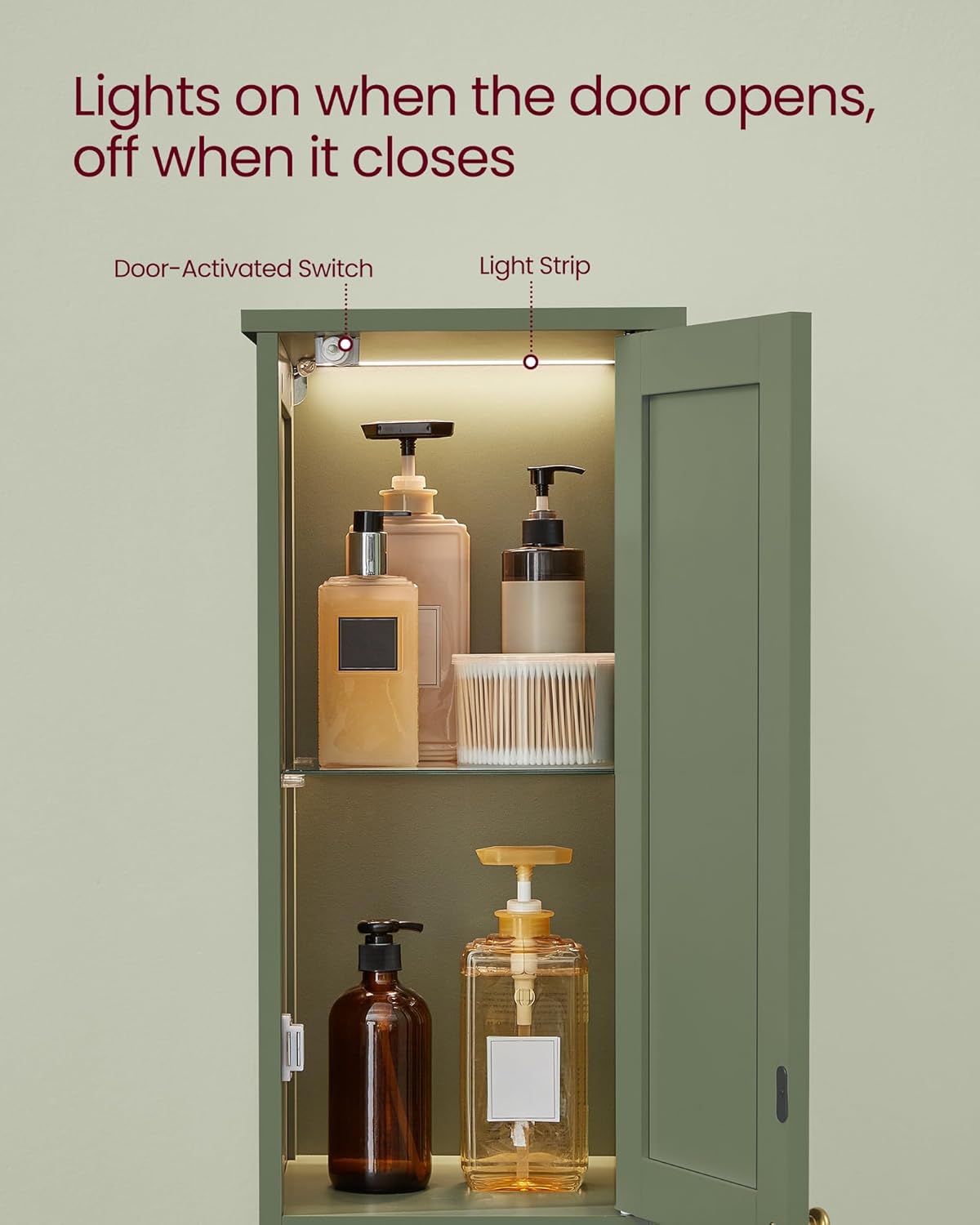 Slim Forest Green Bathroom Cabinet with Lights and Adjustable Shelves