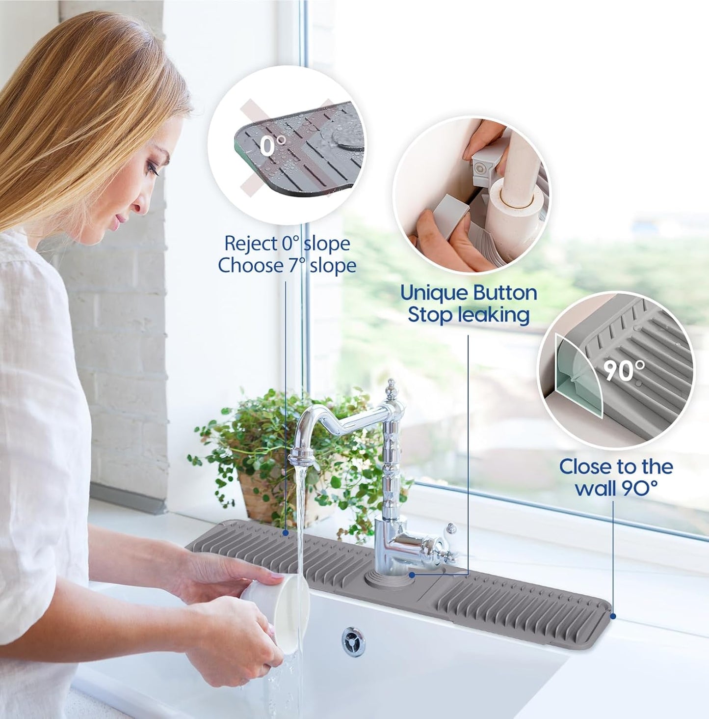 24-Inch Silicone Faucet Mat: Kitchen Sink Splash Guard with 7° Slope for Effective Water Drainage
