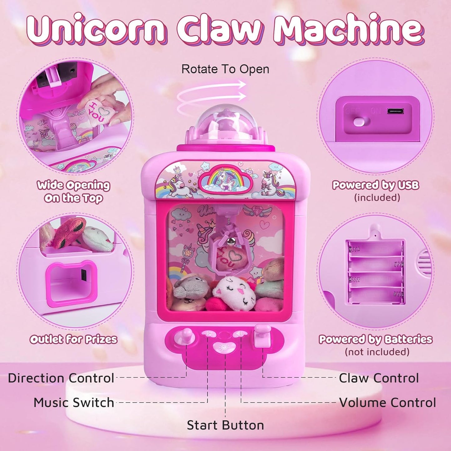 Claw Machine for Kids, Candy Grabber Prize Dispenser with Sound & 20 Mini Plush Toys