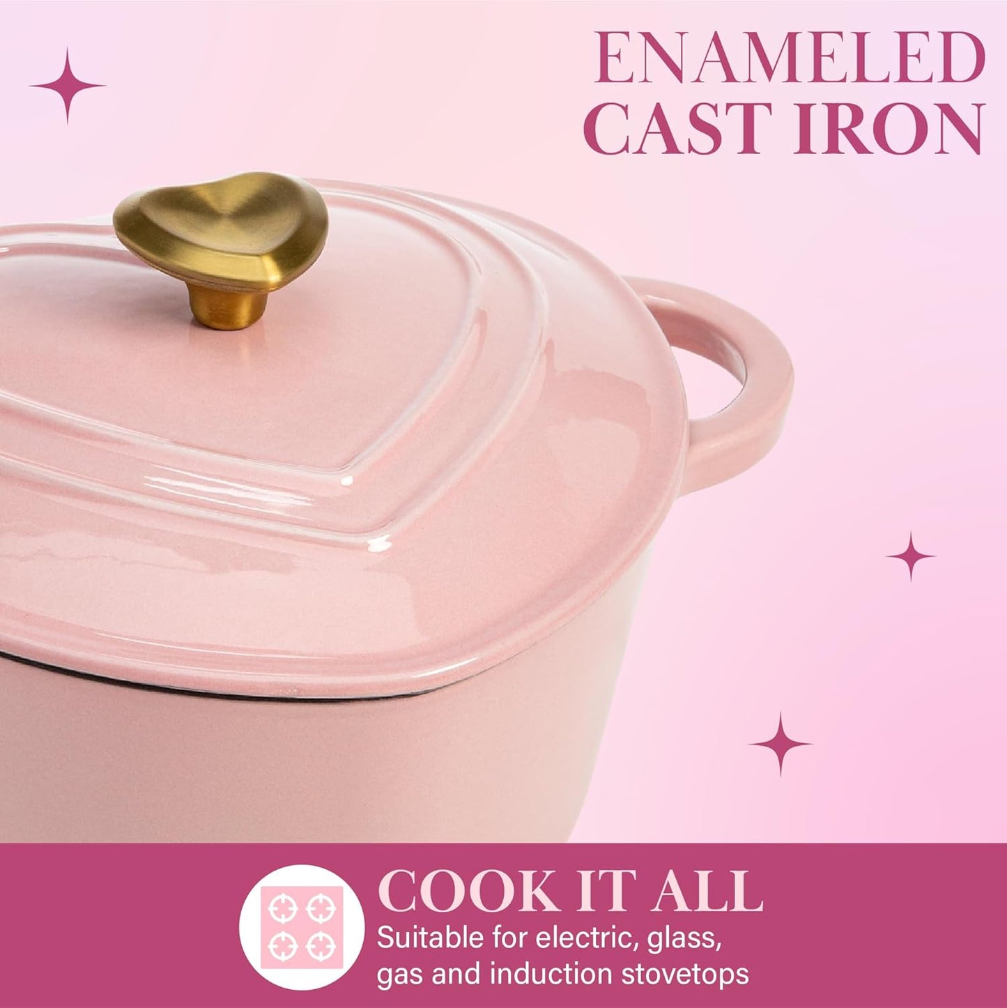 2-Quart Heart-Shaped Enameled Cast Iron Dutch Oven – Oven Safe to 500°F (Pink)