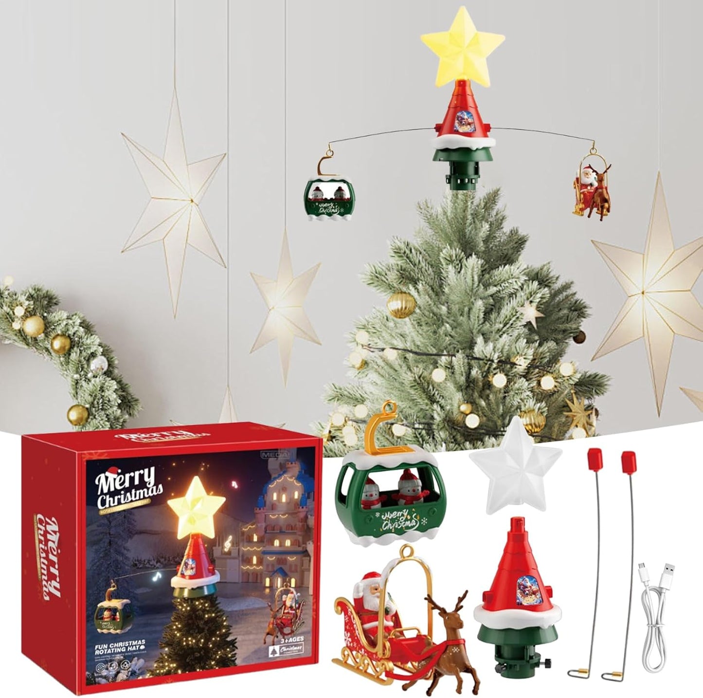 Electric-Rotating Star Christmas Tree Topper Ornament, with Led Star Santa Claus and Reindeer Sleigh