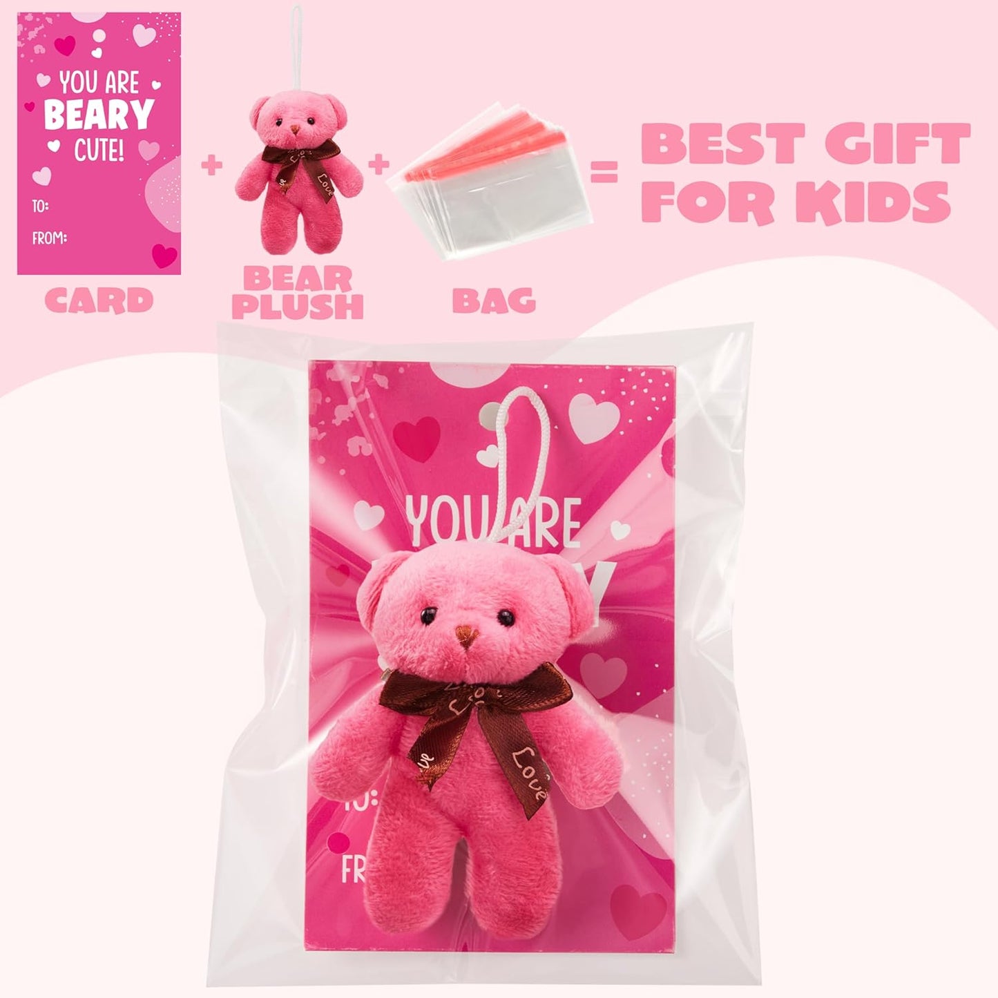 28 Packs Valentine's Day Gift Cards with Mini Bears Plush Toy Party Favors