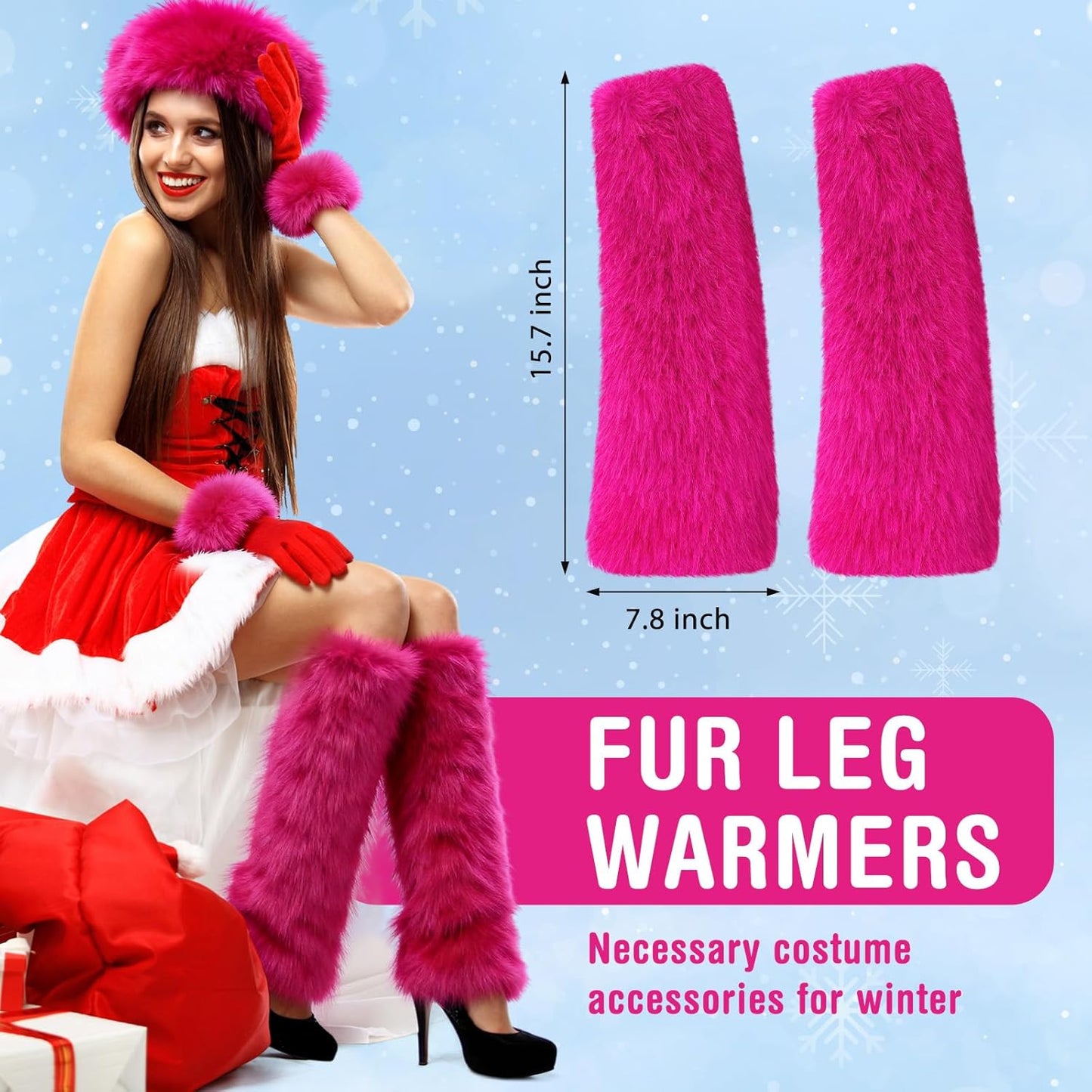 6-Piece Faux Fur Winter Accessories Set – Ear Warmer Headband, Wrist Cuffs & Leg Warmers (Rose Red/Black)