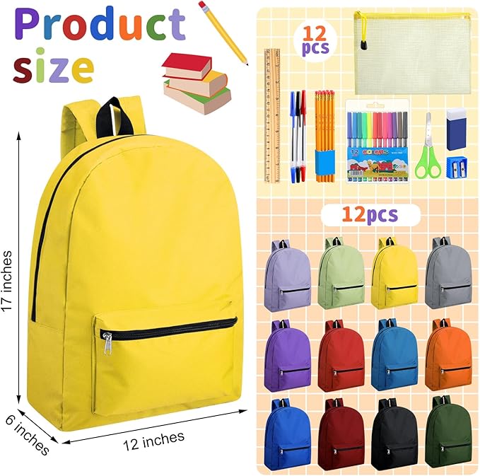 12-Pack 17" Backpacks with 144 School Supplies Kits for All Grades