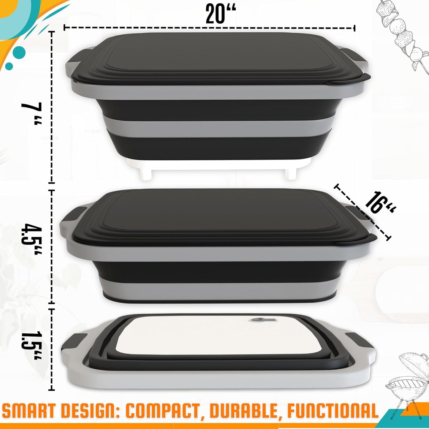 BBQ Prep Tub XL Size with 2 Meat Shredder Claws, Collapsible Cutting Board, and Drip Easy Lid