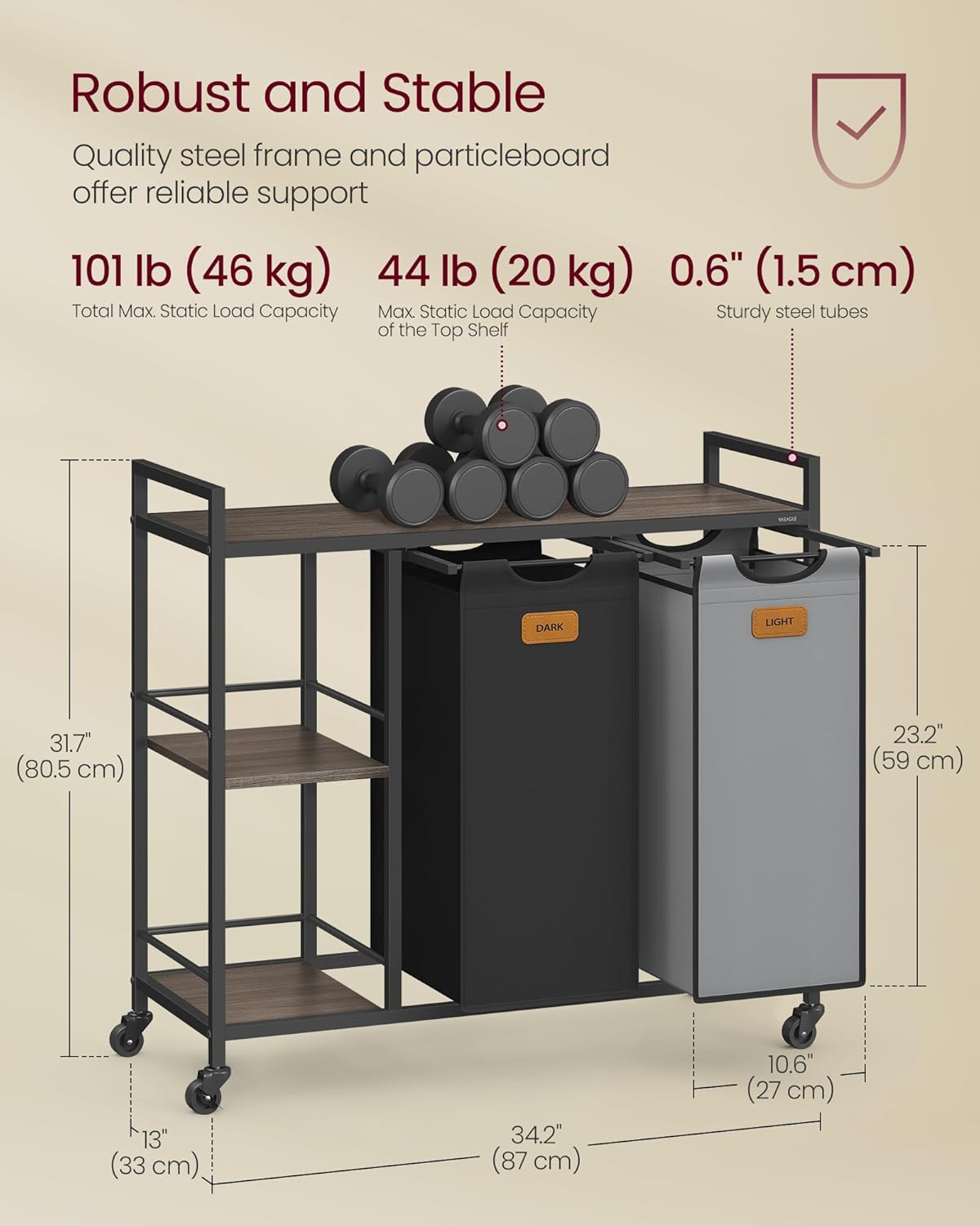 Laundry Hamper and Sorter: Rolling Cart with Shelves and Liners