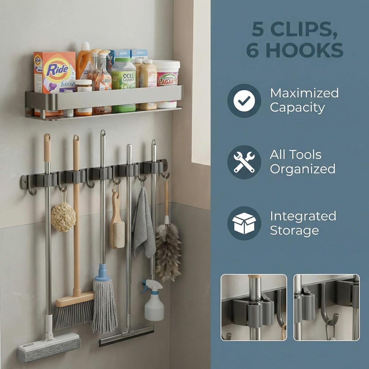 Wall Mount Organizer with Shelf & Heavy-Duty Hooks – Holder for Brooms, Mops, Vacuums & Cleaning Supplies – Garage, Laundry & Closet Storage