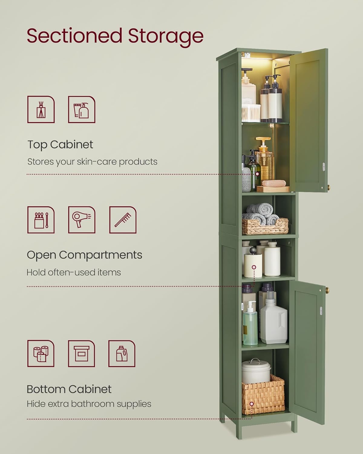 Slim Forest Green Bathroom Cabinet with Lights and Adjustable Shelves
