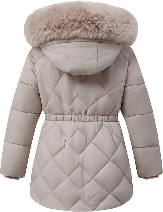 Girls’ Waterproof Winter Parka – Hooded Fleece-Lined Insulated Coat (Light Khaki, Size 5)