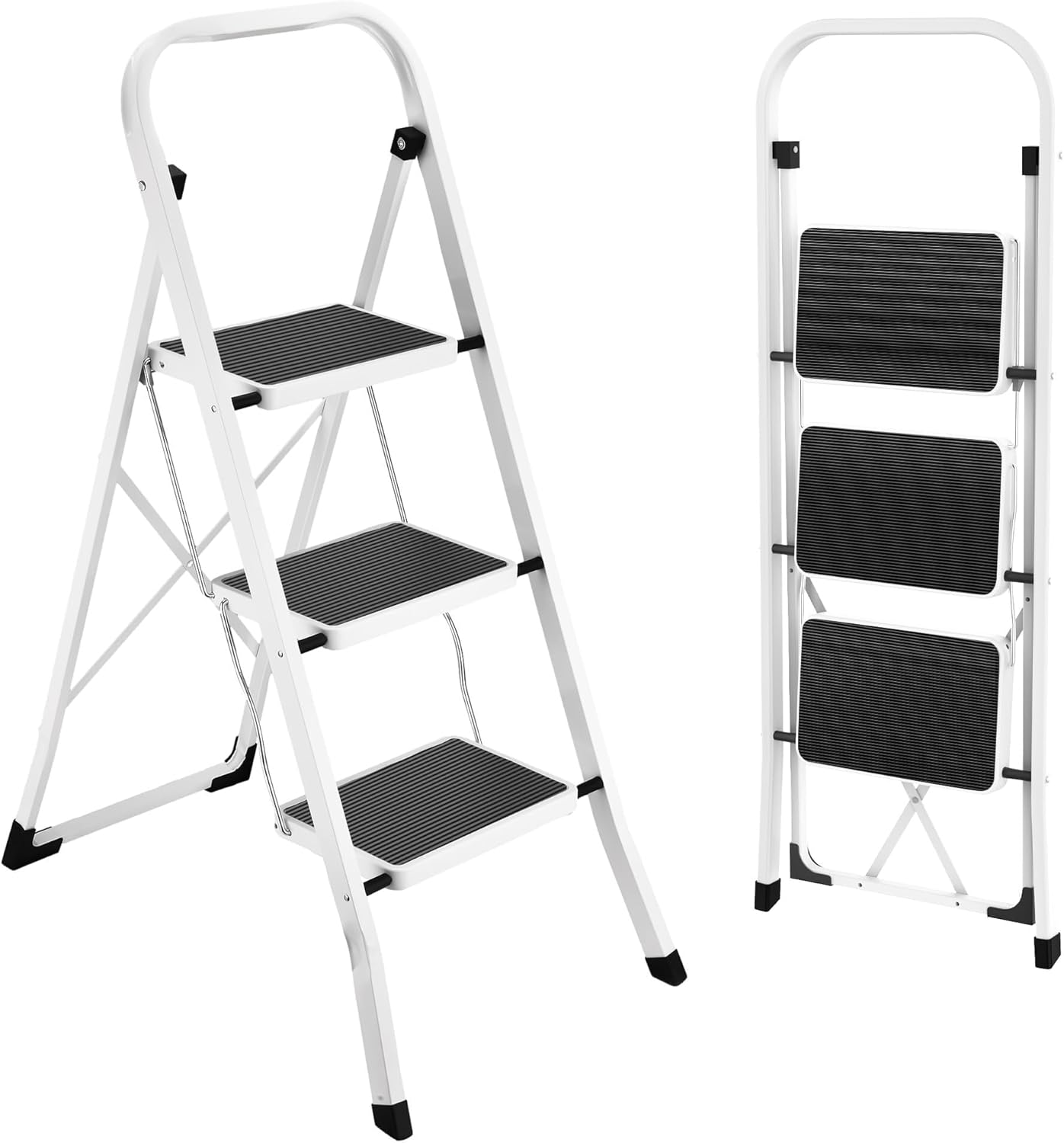 Folding Step Ladder Stool for Adults - Anti-Slip Pedal, 330 lbs Capacity, White - Ideal for Kitchen & Home