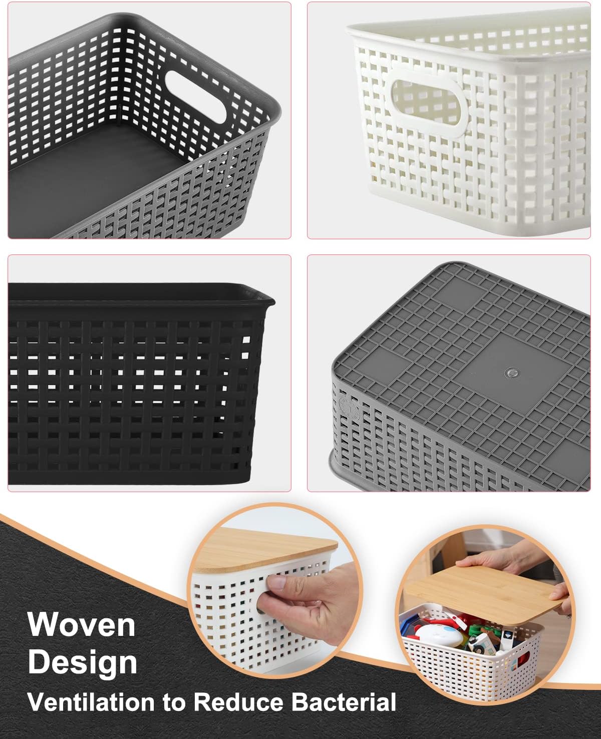 Storage Bins with Bamboo Lids (Set of 6) – Plastic Organizer Containers for Kitchen, Bedroom, Office & Closet – Black