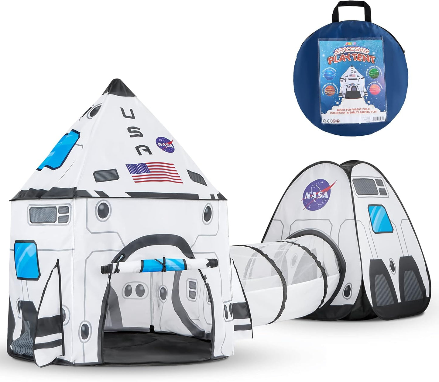 White Rocket Ship Play Tent Set with Tunnel - Indoor/Outdoor Kids' Spaceship Tent