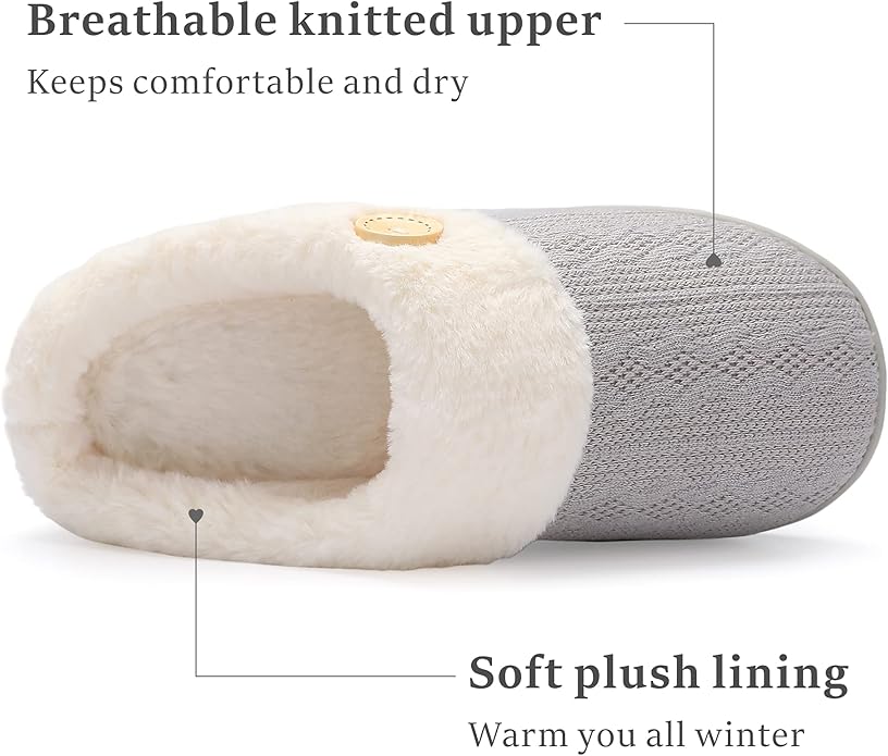 Women’s Memory Foam Slippers – Knitted Faux Fur Lined House Shoes with Anti-Skid Sole