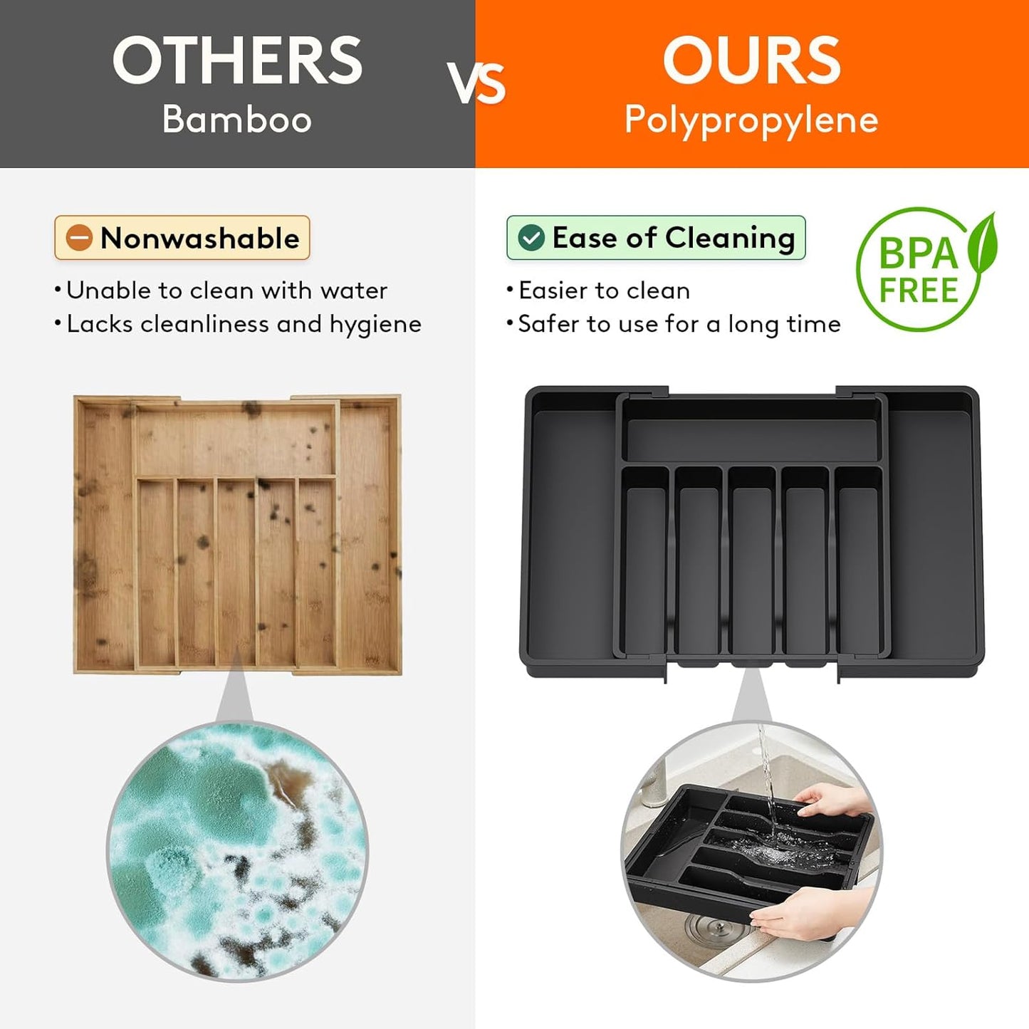 Expandable Silverware Drawer Organizer – BPA-Free Utensil Tray for Kitchen, Adjustable Storage for Spoons, Forks, and Knives, Large, Black