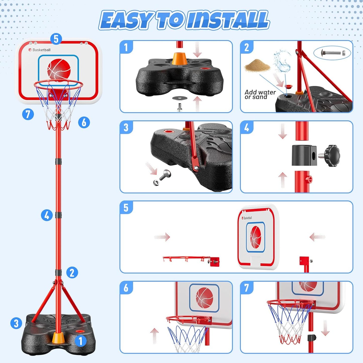 2-in-1 Kids Basketball Hoop and T Ball Set, Adjustable Basket Ball Stand, Outdoor and Indoor Toys Gifts