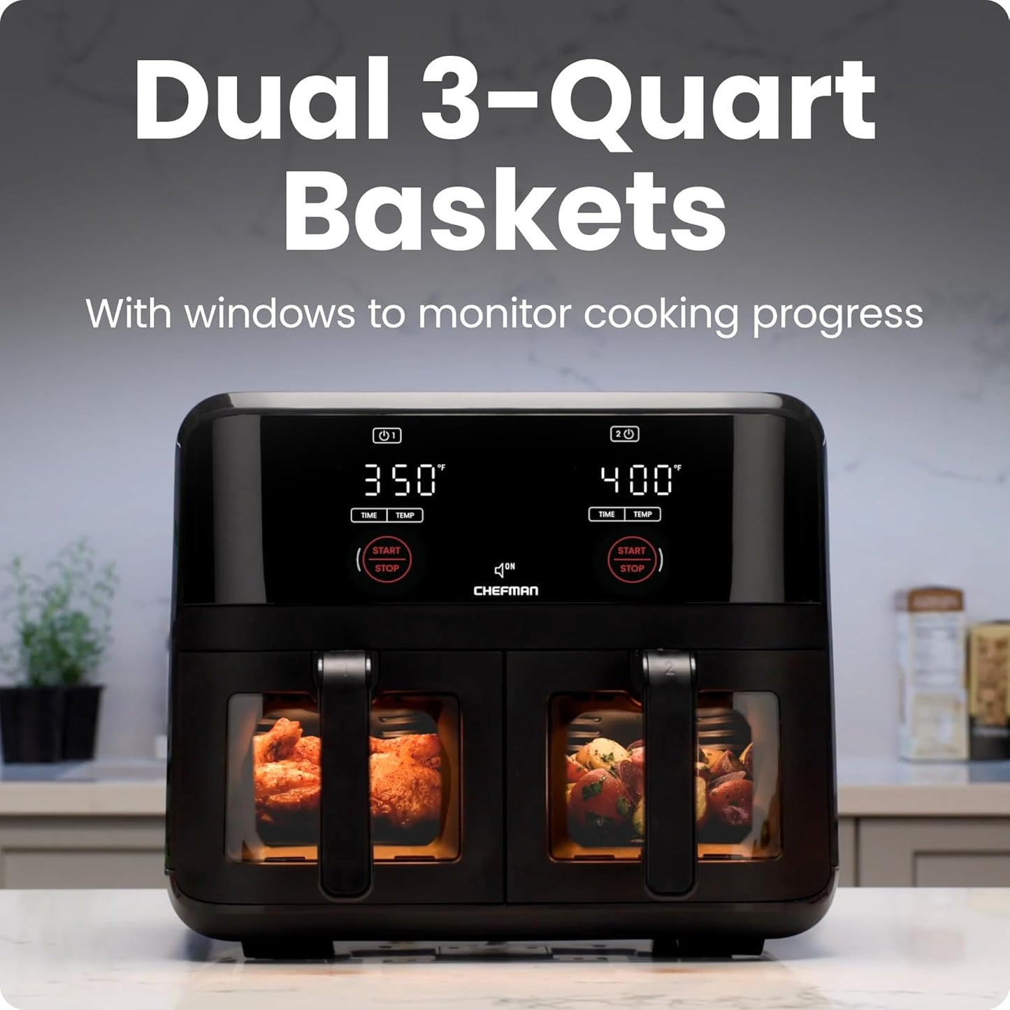 6 Quart Dual Basket Air Fryer Oven with Easy View Windows, Sync Finish